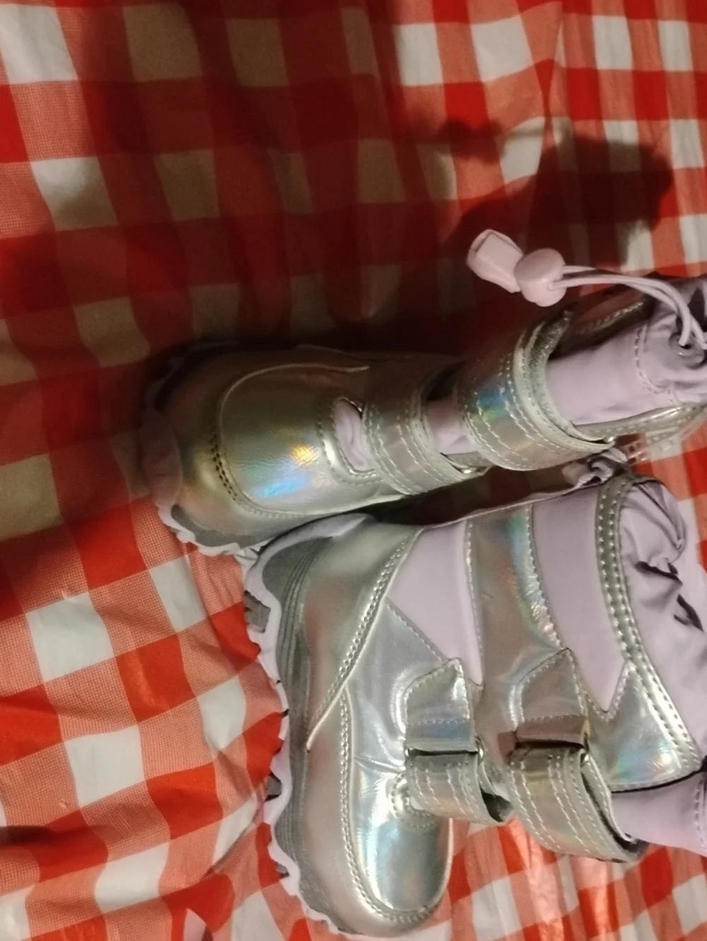 Kids Silver Holographic Winter Boots with Lilac Cuffs